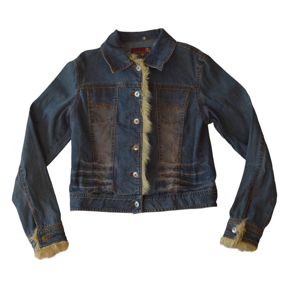 Y2K Stonewashed Denim Jacket with Faux Fur Trim Size L Juniors